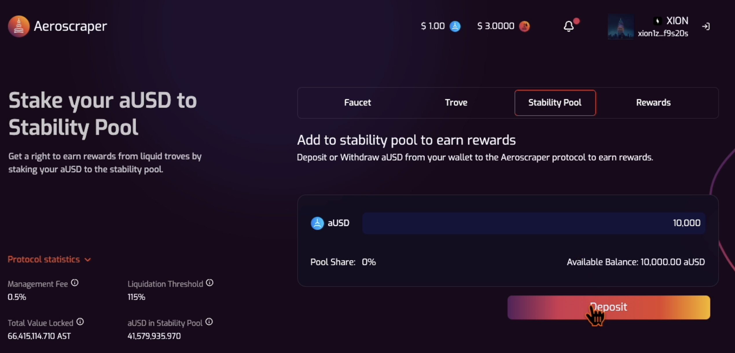 ③Stablity Poolを選択肢し、aUSDに「10,000」と入力し、「Deposit」をクリック。